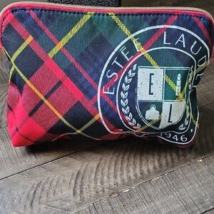 Estee Lauder Red and Black Makeup Bag with Tartan Design